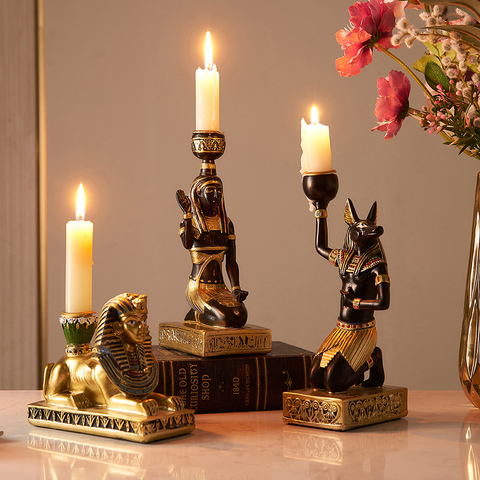 Ancient Egyptian Candle Holders Desktop Gold Candlestick Figurine Craft Home Decoration Dog God Anubis Sphinx Goddess Gifts ► Photo 1/6