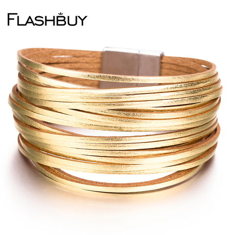 Flashbuy Fashion Gold Color Multilayer Leather Bracelets For Women Multicolor Magnetic Bangles Couple Jewelry Wholesale ► Photo 1/6