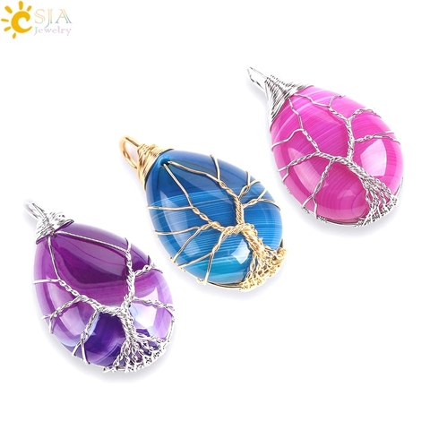 CSJA Gold Color Tree of Life Wire Wrap Water Drop Necklace & Pendant Reiki Natural Gem Stone Purple Blue Veins Onyx Jewelry E806 ► Photo 1/6