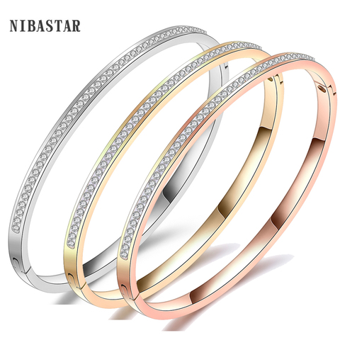 Simple Plain Design Wire Bangle Stainless Steel Pave One Row Clear Crystal With Silver/Gold/Rose Gold Wire Bangle ► Photo 1/6