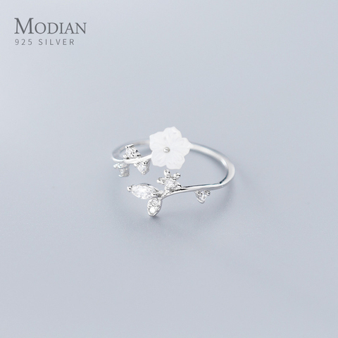 Modian New 925 Sterling Silver Radiant Zircon Leaves White Shell Flower Free Size Ring for Women Plant Ring Original Jewelry ► Photo 1/5