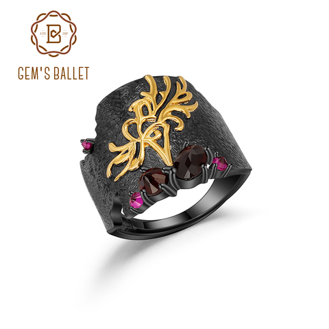 GEM'S BALLET Natural Black Garnet Gemstones Band Ring 925 Sterling Silver Handmade Equinox Flower Rings Woman’s Art Jewelry ► Photo 1/6