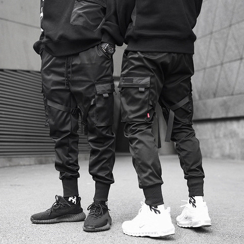 Men Ribbons Color Block Black Pocket Cargo Pants Harem Joggers Harajuku Sweatpant Hip Hop Trousers ► Photo 1/5