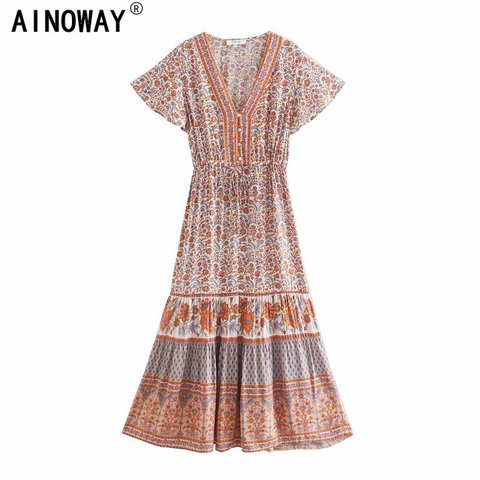 Vintage chic women floral print bat sleeve beach Bohemian maxi dresses  Ladies V neck Tassel Summer rayon Boho dress vestidos ► Photo 1/6