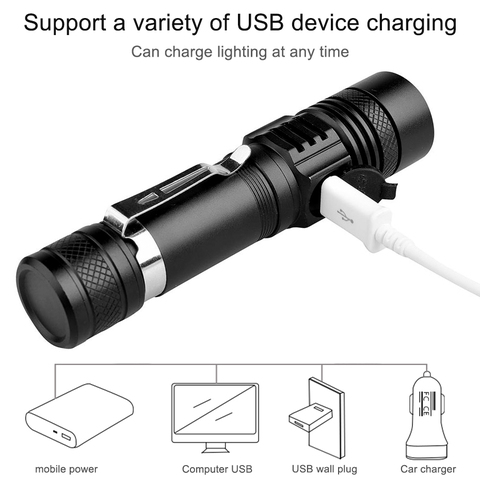Powerful led flashlight usb rechargeable Zoom torch T6 LED hand lamp  18650 Battery flash light use  for Camping Hiking checking ► Photo 1/6