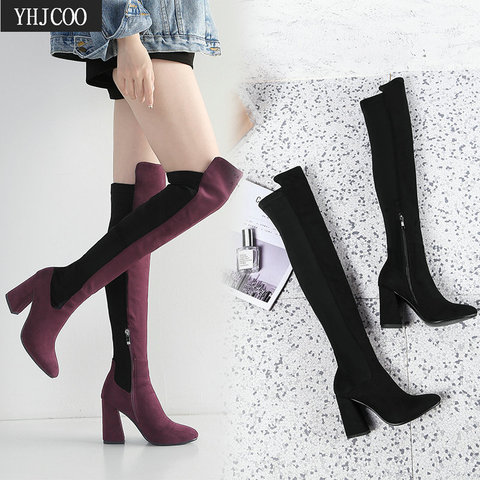 Elastic Flock Slim Thighs High Heels Women Boots Over The Knee Suede Slim Boots Comfort Square Heel Autumn Winter Boots Size 43 ► Photo 1/6