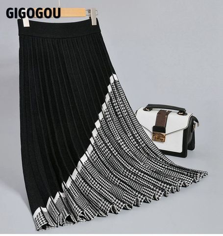 GIGOGOU Luxury Geometric Long Knit Women Pleated Skirt Autumn Winter Thick Warm A Line Skirt Elgant Knitted Sweater Skirt Femme ► Photo 1/6