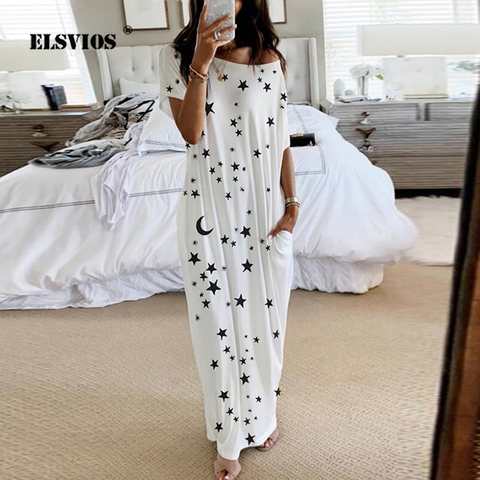 2022 New Women Dresses Loose Off Shoulder Short Sleeve Long Dress Moon Star Printing Elegant Female Spring Summer Dress Vestidos ► Photo 1/6