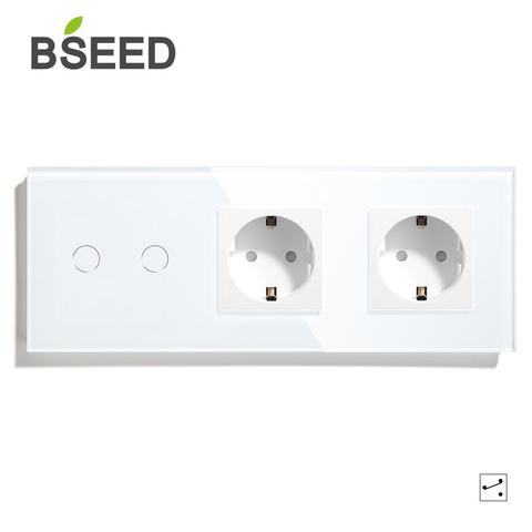 BSEED EU Standard 1 Gang 2Gang 3Gang 1 Way 2 Way Touch Switch With Double EU Socket Black White Golden Crystal Glass Panel ► Photo 1/6