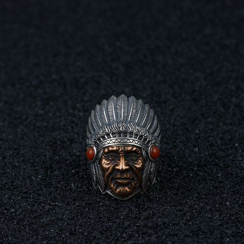 Pure 925 Silver Men's Indian Rings Retro Antique Type Feather Engraved Red Onyx Stone Setting ► Photo 1/6