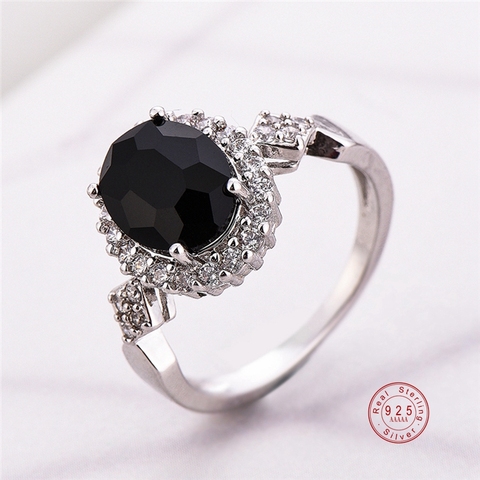 Genuine Jewelry 925 Sterling Silver Stackable Ring Round Black CZ Crystal Finger Rings for Women Wedding Party Bague Bijoux ► Photo 1/6