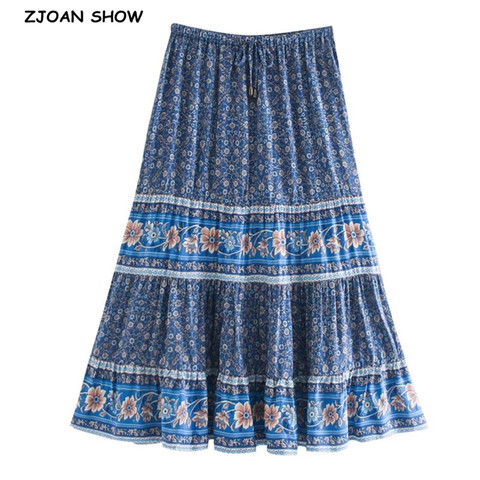 2022 Bohemian Stream Flower Print Long Skirt Stitching Ruched Ruffle Hem Holiday Women Adjust Stream Waist Swing Skirts Beach ► Photo 1/6