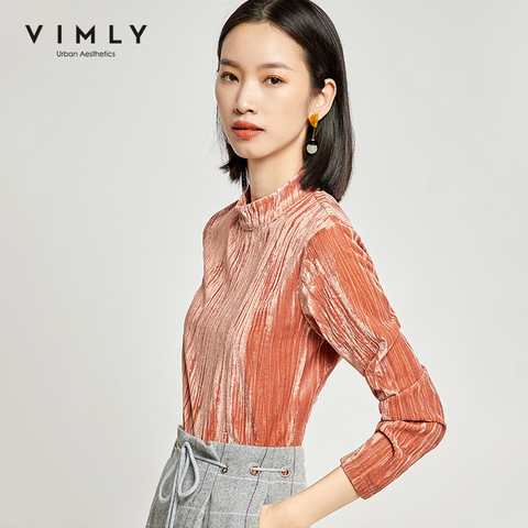 Vimly 2022 Spring Autumn Women Solid Shirt Elegant Office Lady Stand Collar Slim Long Sleeve Casual Female Tops 98755 ► Photo 1/5