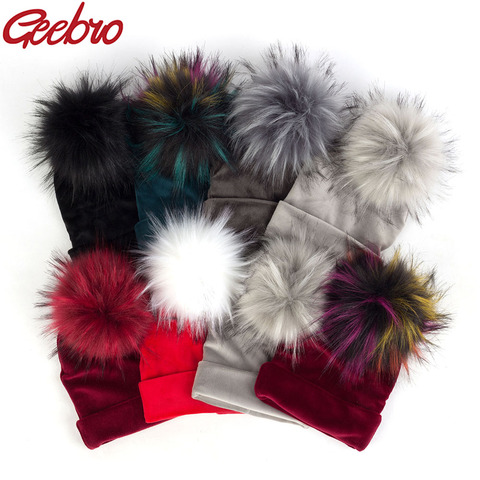 Geebro Newborn Baby Hat Faux Raccoon Fur Pompom Girls Boys Warm Winter Knitted Velvet Hat Ins Fashion Soft Thick Flannel Beanies ► Photo 1/6