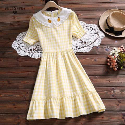 Japan Mori Girl Preppy Style Summer Dress Women Embroidery Short Sleeve Plaid Dresses Kawaii Girl's Ruffles Mini Dress ► Photo 1/6