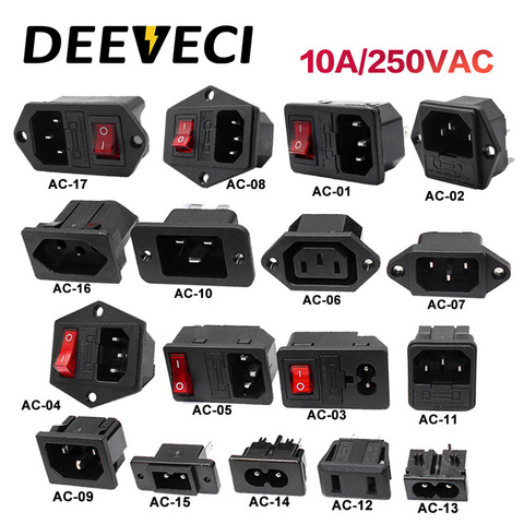 Electrical AC Socket 2 pin red LED 250V 4p Rocker Switch 10A fuse male female inlet plug connector 3 pin socket IEC320 C14 ► Photo 1/6