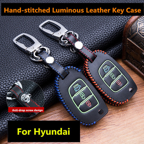 Luminous Leather Car Key Fob Cover Case Set Keychain For Hyundai Tucson Creta ix25 i10 i20 i30 Verna Mistra Elantra 2015-2022 ► Photo 1/3