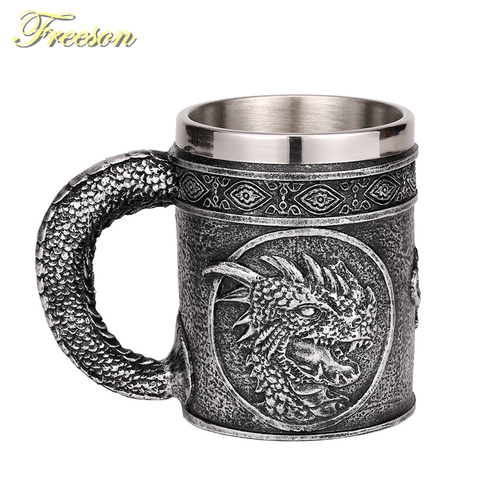 Silver Evil Dragon Resin Stainless Steel Beer Mug 450ml Retro Tankard Horrible Coffee Cup Viking Tea Mug Pub Bar Decor Drop Ship ► Photo 1/6