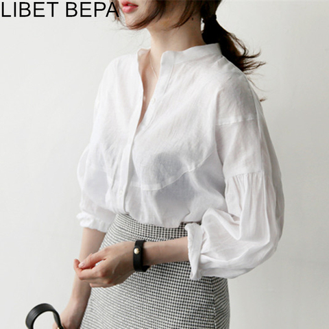 New 2022 Summer Autumn Women Blouses Stand Collar Casual Lantern Sleeve Fashionable Single Breasted Shirts Office Tops BL1563 ► Photo 1/6