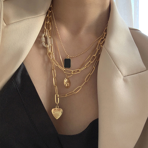 Peri'sBox 4Pcs/set Paper Clip Chain Love Heart Necklaces Black Square Portrait Necklaces for Women Minimalist Layered Necklaces ► Photo 1/6