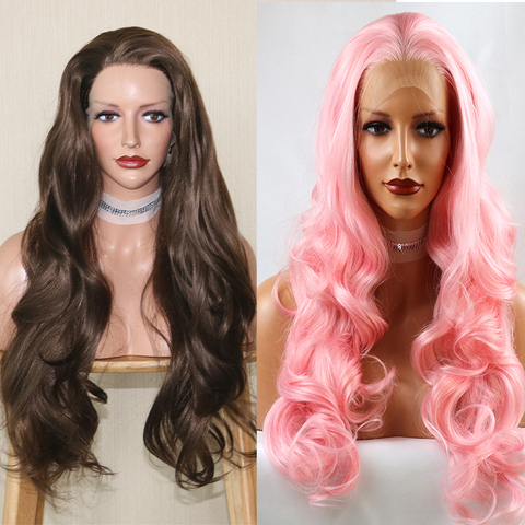 Fantasy Beauty 180% Density 26 Inches Lace Front Wig Natural Brown Straight Wavy Heat Resistant Synthetic Hair Costume Pink Wig ► Photo 1/6