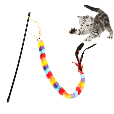 Funny Cat Toy Fishing Rod Kitten Cat Pet Toy Stick Teaser Rainbow Streamer Interactive Cat Play Wand With Feather Toys For Cats ► Photo 1/6