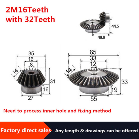 2pcs 1:2 Bevel Gear 2 Modulus 16Teeth +32teeth Inner Hole 12mm 90 Degree Drive Commutation Steel Gears Steel Gears Screw M5 ► Photo 1/2