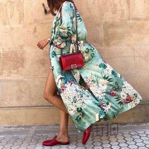 Turquoise floral print batwing sleeve long wrap summer dress bohemia kimono beach dresses hippie chic rayon boho dress casual ► Photo 1/6