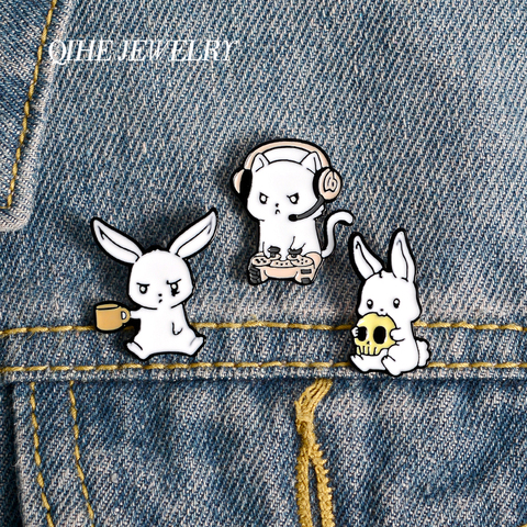 QIHE JEWELRY Animals Rabbit Cat Enamel Pins Eating skull Drink Play games Cartoon Brooches Badges Cute Lapel Pins for Friends ► Photo 1/6