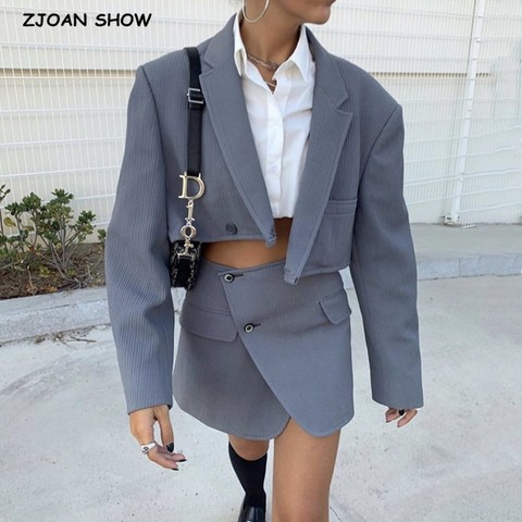 Vintage Sexy One Button Short Women Corduroy Blazer High Waist Irregular Cross Slit Mini Skirt Long Sleeve Suits 2 Pieces Set ► Photo 1/6