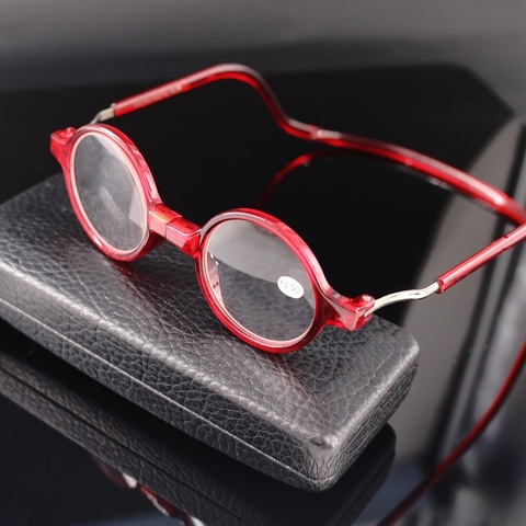 Fashion Trend Hanging Magenet Reading Glasses Round Frame High Quality Resin Lens Presbyopic Glasses Men Women Black Red 150 ► Photo 1/6