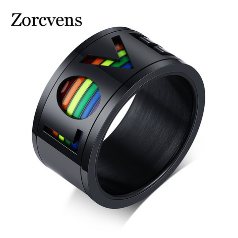 ZORCVENS New Male Spinner LOVE Ring Enamel Rainbow Inlay Stainless Steel Gays Lesbians LGBT Pride Band Engagement Ring for Men ► Photo 1/6