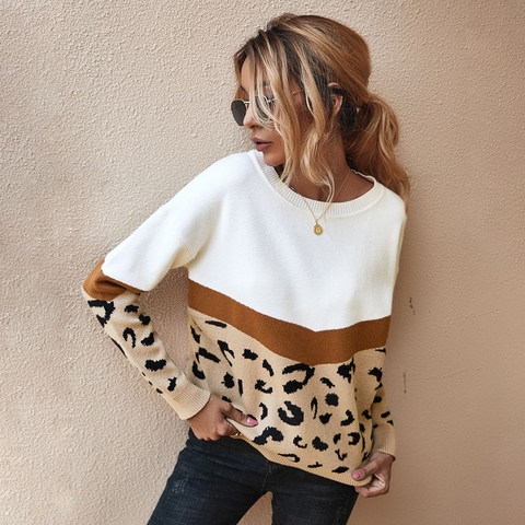 Fashion Leopard Patchwork Autumn Winter 2022 Ladies Knitted Sweater Women O-neck Full Sleeve Jumper Pullovers Top Khaki Brown ► Photo 1/6