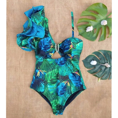 2022 New Arrival Ruffle Swimwear Single Shoulder One Piece Swimsuit Women Floral Printed Tropical Summer Beach Bathing Suit ► Photo 1/5