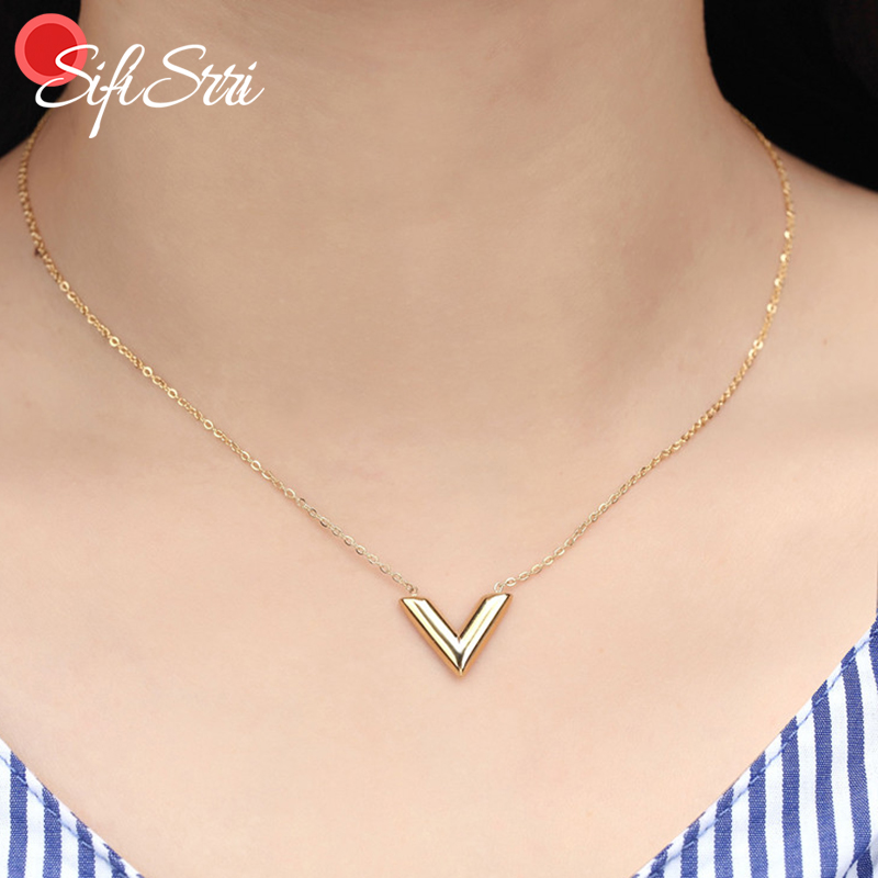 Fashion Brand V Letter Pendant Necklace For Woman Stainless Steel