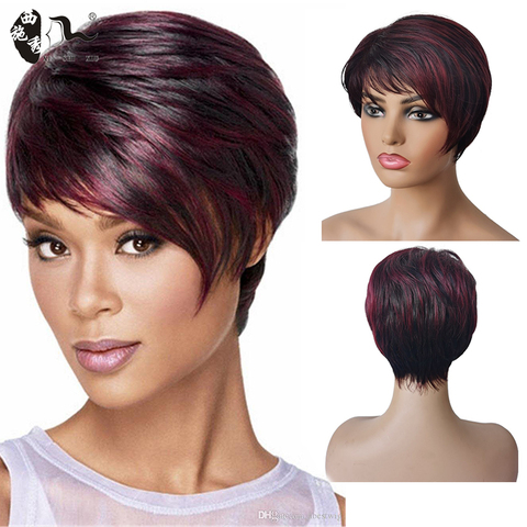 XISHIXIU Bobo Style Short Wigs for Black Women Heat Resistant Hair Natural Synthetic Straight Mixed Burg Wig Free Hairnet ► Photo 1/6