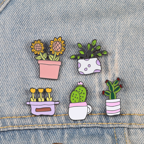 Potted Plants Pins Sunflower Brooches Badges For Woman Girl Cactus Flowers Lapel Pins Shirt Catoon Brooch Natural Jewelry Gift ► Photo 1/6