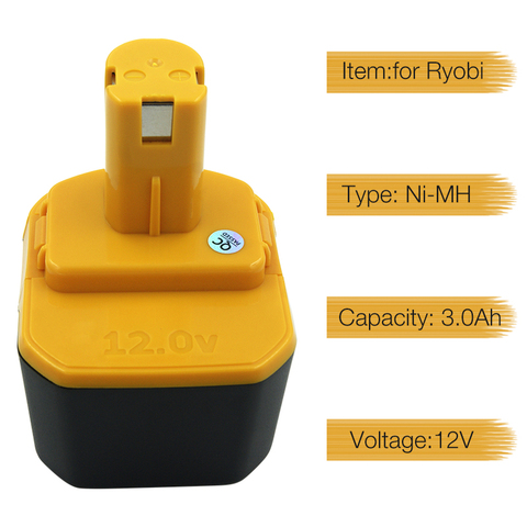 12V 3.0Ah NiMh Replacement Battery for Ryobi Cordless Drill Screwdriver B-1230H B-1222H B-1220F2 B-1203F2 1400652 BD-123 BD-122 ► Photo 1/6