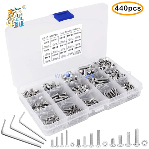 440pcs Bolts and Nuts Set M3 M4 M5 Stainless Steel SIO 7380 Hex Socket Button Head Cap Screws Bolts Nuts Assortment Kit Screw ► Photo 1/4