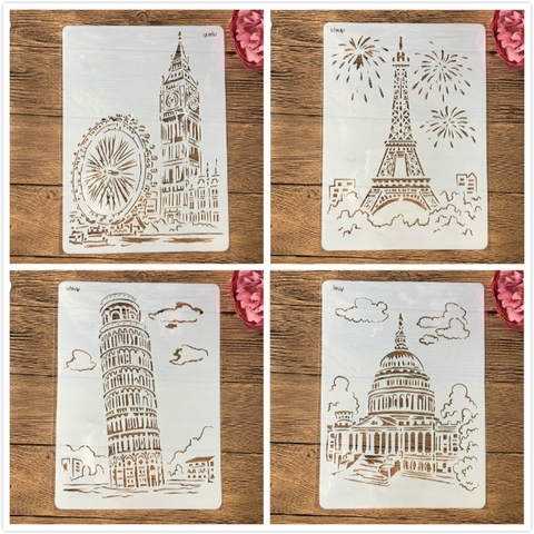 4Pcs/Set A4 World Famous Building London Paris DIY Layering Stencils Painting Scrapbook Coloring Embossing Album Decor Template ► Photo 1/5