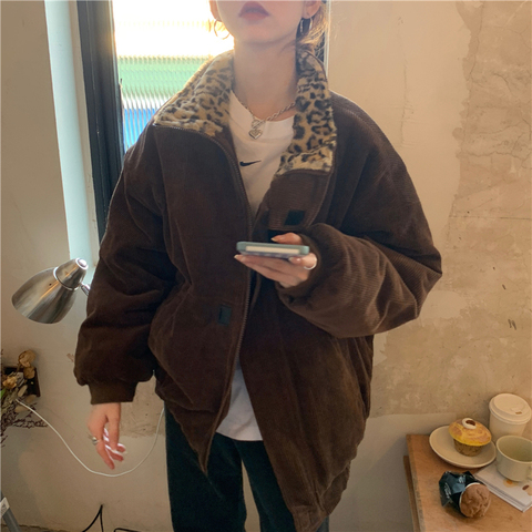 Alien Kitty 2022 New Winter Leopard Patchwork Women Coat Corduroy Warm Loose Casual  Jacket Female Outwear Elegant Tops ► Photo 1/6