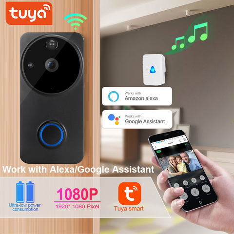 Tuya 1080P wifi video doorbell Alexa Google Home IP54 Waterproof Outdoor Wireless  Smart Video Doorbell Intercom Camera WiFi ► Photo 1/6