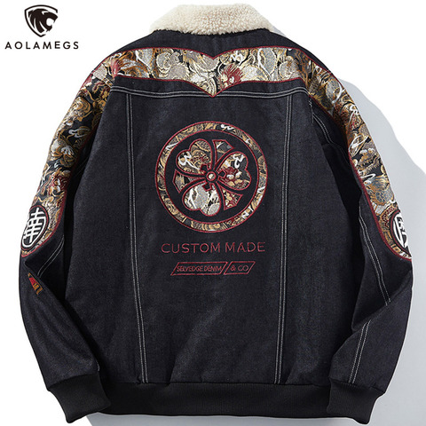 Aolamegs Embroidery Patchwork Jacket Men Winter Warm Thicken Jackets Japanese Denim Coats Fashion Oversized Retro Outwears M-3XL ► Photo 1/6