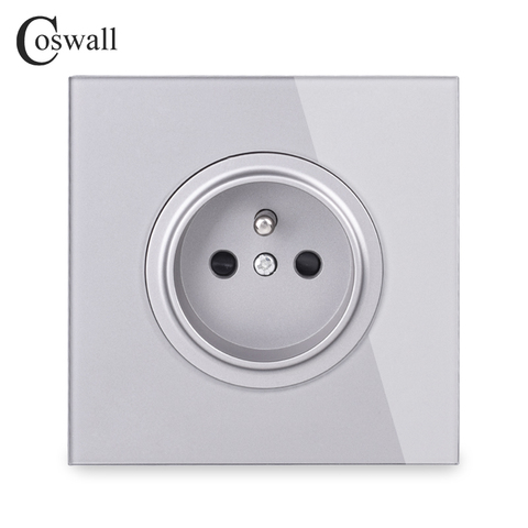 Coswall Crystal Glass Panel 16A French Standard Wall Power Socket Outlet Grounded With Child Protective Lock Grey R11 Series ► Photo 1/5