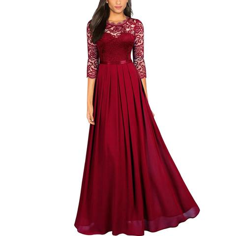 Women's Elegant Vintage 3/4 Sleeve Floral Lace Hollow out Chiffon Wedding Bridesmaid Maxi Dress Long Formal Dresses ► Photo 1/6