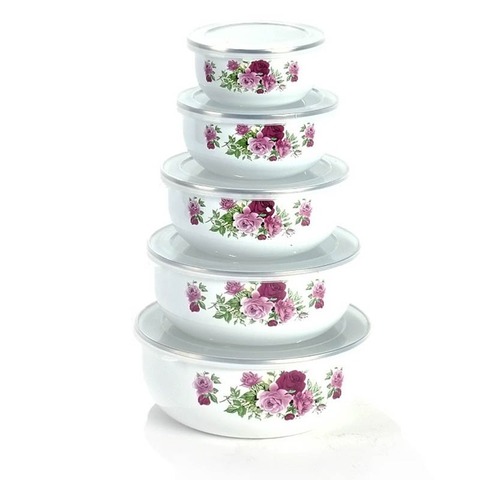 5Pcs/ Set Creative Flower Animal Enamel Bowls Salad Food Bowls with Plastic Covers for Home Kitchen ► Photo 1/6