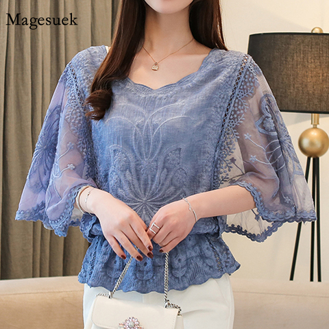 New Butterfly Flower Half Sleeve Shirt Women Plus Size Fashion Chiffon Blouse Summer Cotton Edge Lace O Neck Loose Shirt 4073 50 ► Photo 1/6