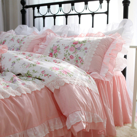 Floral Duvet Cover Ruffles Bed Sheet Set Princess Cotton Bedding Set Queen  King