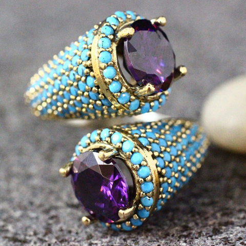 Vintage Gold Color Turquoises Beaded Opening Ring For Women Girls Punk Gothic Party Retro Purple Zircon Jewelry Gift G4M853 ► Photo 1/4