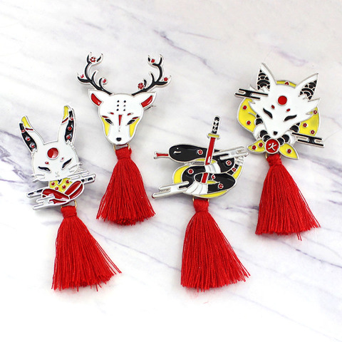 1pc Vintage Animal Alloy Tassel Brooch Japanese Ninja Rabbit Fire Kitsune Snake Kendo Sika Deer Enamel Brooches Backpack Badge ► Photo 1/6